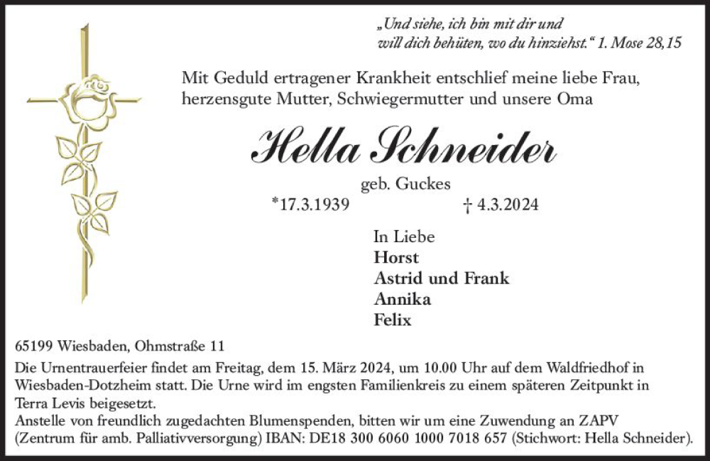  Traueranzeige für Hella Schneider vom 09.03.2024 aus Wiesbadener Kurier