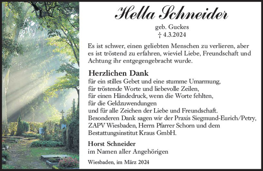  Traueranzeige für Hella Schneider vom 30.03.2024 aus Wiesbadener Kurier