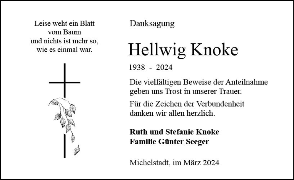  Traueranzeige für Hellwig Knoke vom 09.03.2024 aus Odenwälder Echo
