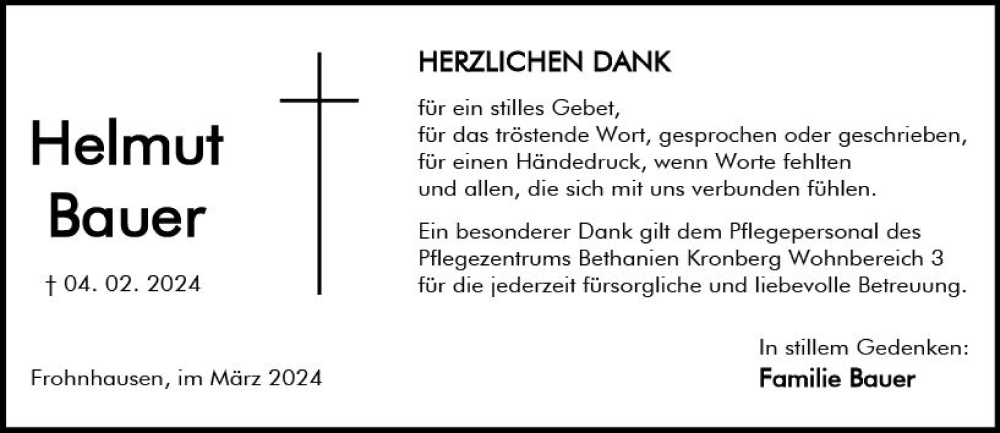  Traueranzeige für Helmut Bauer vom 19.03.2024 aus Dill Block