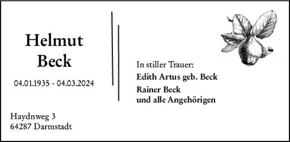  Traueranzeige für Helmut Beck vom 11.03.2024 aus Darmstädter Echo