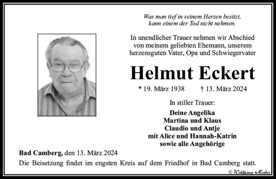 Traueranzeige von Helmut Eckert von Camberger Anzeiger