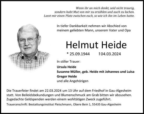Traueranzeige von Helmut Heide von Allgemeine Zeitung Bingen/Ingelheim