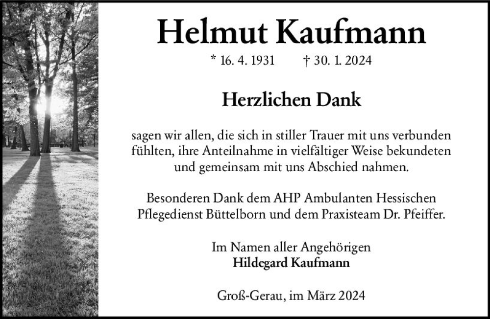  Traueranzeige für Helmut Kaufmann vom 09.03.2024 aus Groß-Gerauer Echo