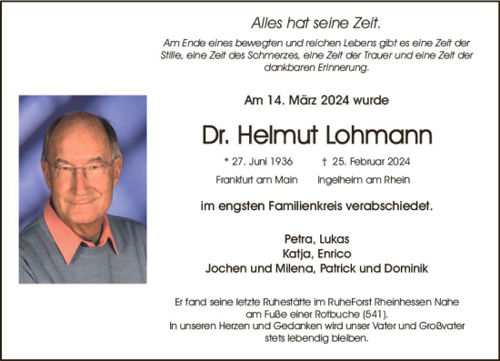 Traueranzeige von Helmut Lohmann von Allgemeine Zeitung Bingen/Ingelheim