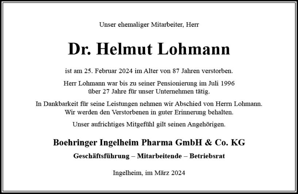  Traueranzeige für Helmut Lohmann vom 23.03.2024 aus Allgemeine Zeitung Bingen/Ingelheim