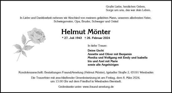 Traueranzeige von Helmut Mönter von Wiesbadener Kurier
