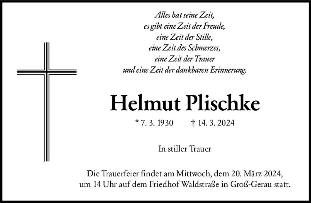  Traueranzeige für Helmut Plischke vom 16.03.2024 aus Groß-Gerauer Echo