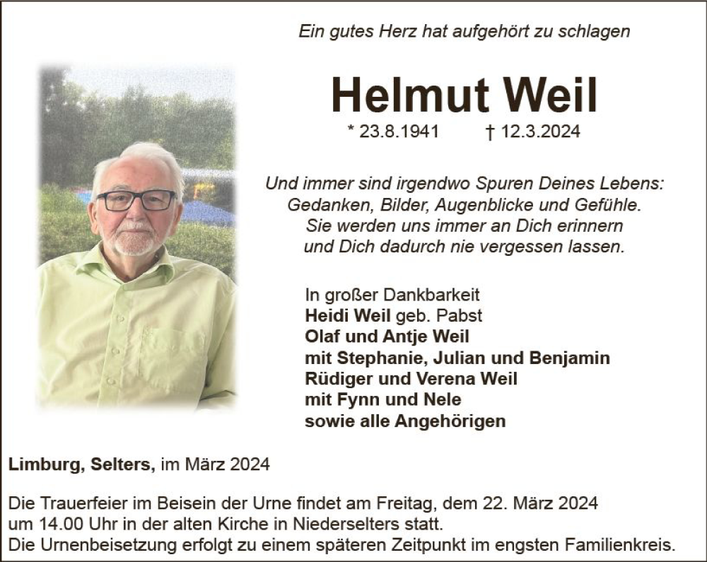  Traueranzeige für Helmut Weil vom 21.03.2024 aus Camberger Anzeiger
