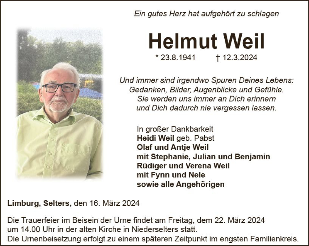  Traueranzeige für Helmut Weil vom 16.03.2024 aus Nassauische Neue Presse