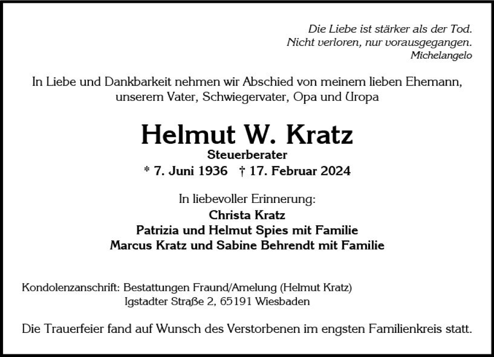  Traueranzeige für Helmut W. Kratz vom 09.03.2024 aus Wiesbadener Kurier