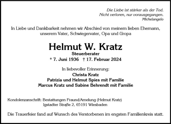 Traueranzeige von Helmut W. Kratz von Wiesbadener Kurier