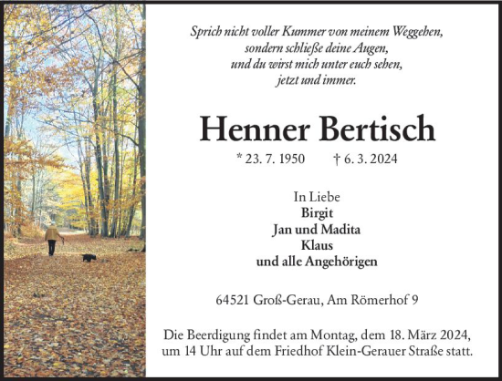 Traueranzeige von Henner Bertisch von Groß-Gerauer Echo