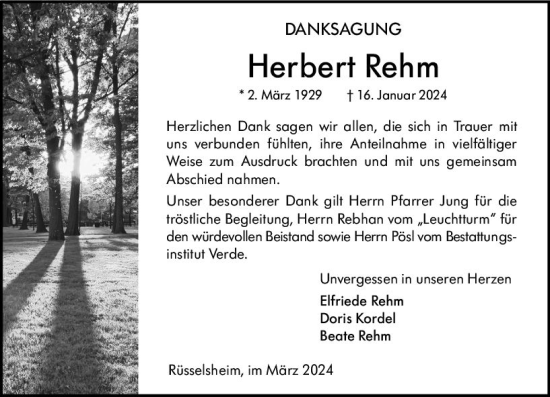 Traueranzeige von Herbert Rehm von Rüsselsheimer Echo