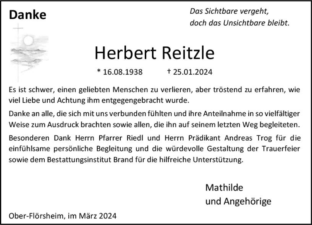  Traueranzeige für Herbert Reitzle vom 09.03.2024 aus Allgemeine Zeitung Alzey