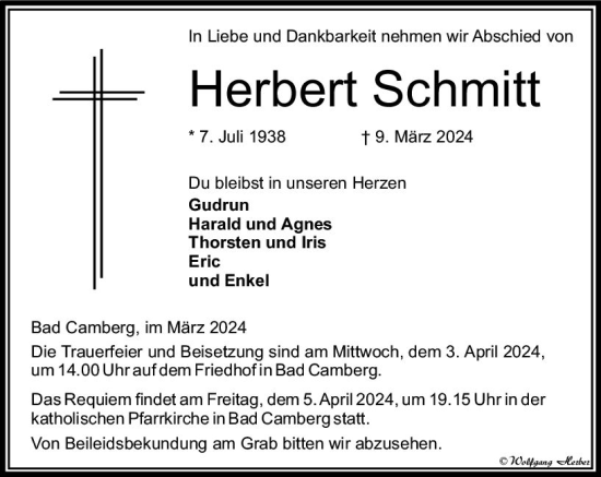 Traueranzeige von Herbert Schmitt von Nassauische Neue Presse