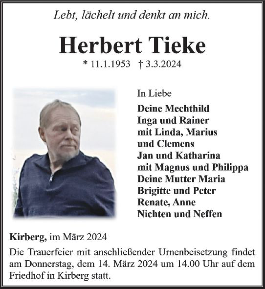  Traueranzeige für Herbert Tieke vom 07.03.2024 aus Camberger Anzeiger