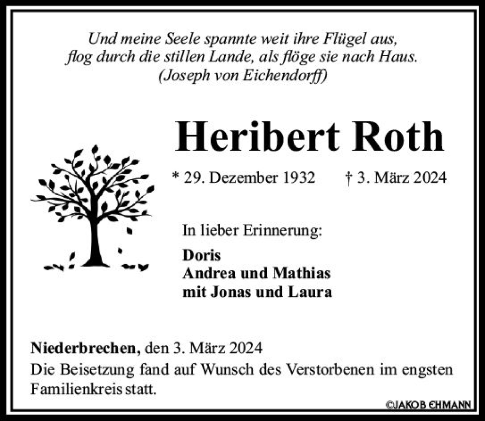  Traueranzeige für Heribert Roth vom 28.03.2024 aus Camberger Anzeiger