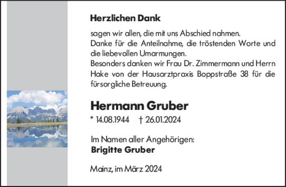  Traueranzeige für Hermann Gruber vom 15.03.2024 aus Allgemeine Zeitung Mainz