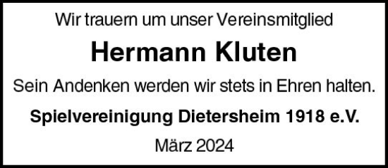 Traueranzeige von Hermann Kluten von Allgemeine Zeitung Bingen/Ingelheim