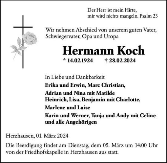 Traueranzeige von Hermann Koch von Hinterländer Anzeiger
