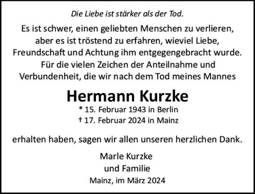  Traueranzeige für Hermann Kurzke vom 30.03.2024 aus Allgemeine Zeitung Mainz