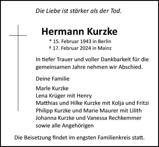 Traueranzeige von Hermann Kurzke von Allgemeine Zeitung Mainz