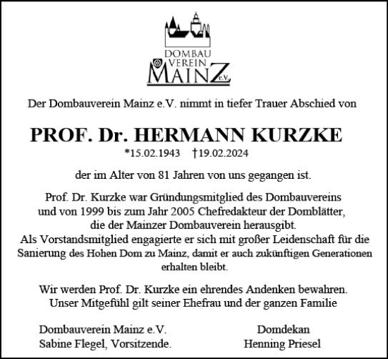 Traueranzeige von Hermann Kurzke von Allgemeine Zeitung Mainz