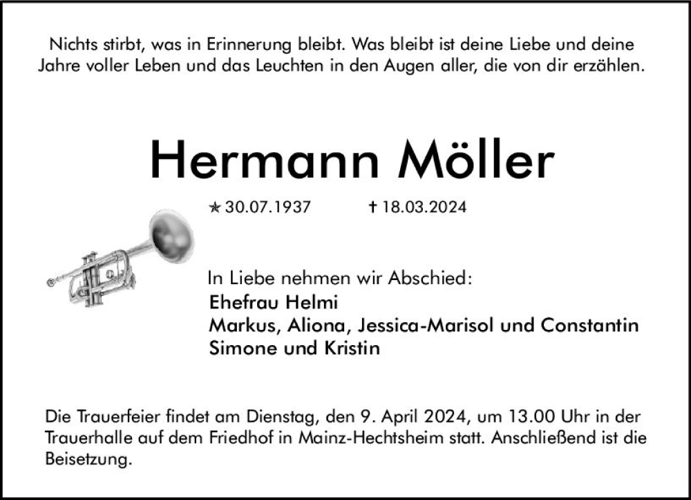  Traueranzeige für Hermann Möller vom 30.03.2024 aus Allgemeine Zeitung Mainz