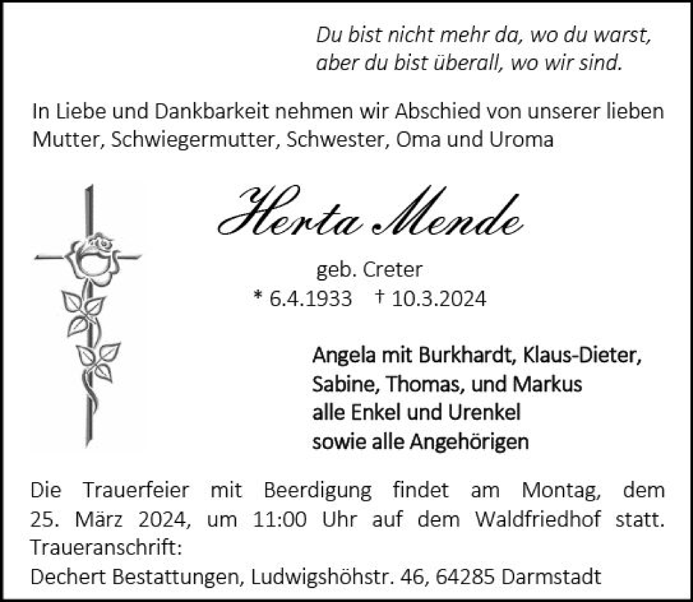  Traueranzeige für Herta Mende vom 16.03.2024 aus Darmstädter Echo