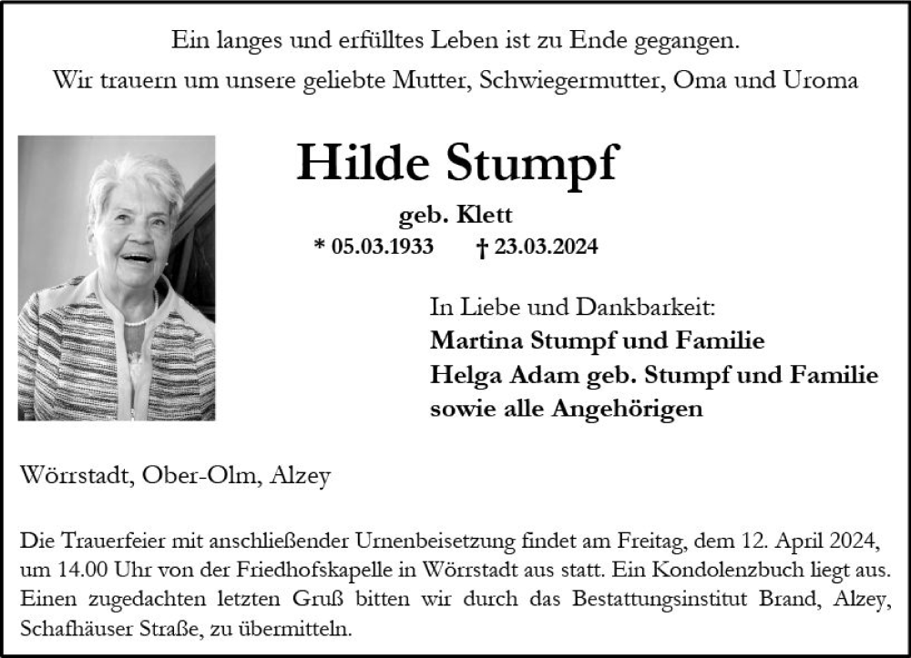  Traueranzeige für Hilde Stumpf vom 30.03.2024 aus Allgemeine Zeitung Alzey