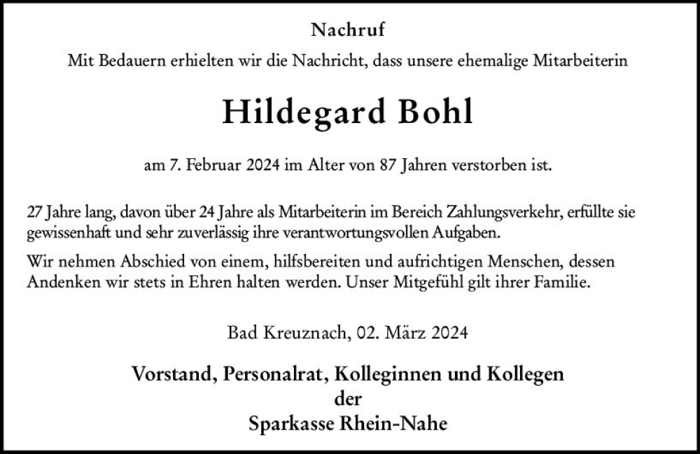  Traueranzeige für Hildegard Bohl vom 02.03.2024 aus Allgemeine Zeitung Bingen/Ingelheim