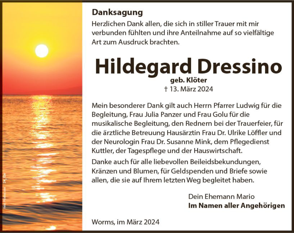  Traueranzeige für Hildegard Dressino vom 30.03.2024 aus Wormser Zeitung