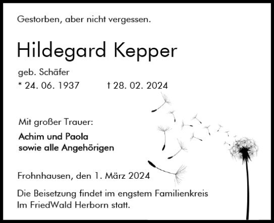 Traueranzeige von Hildegard Kepper von Dill Block