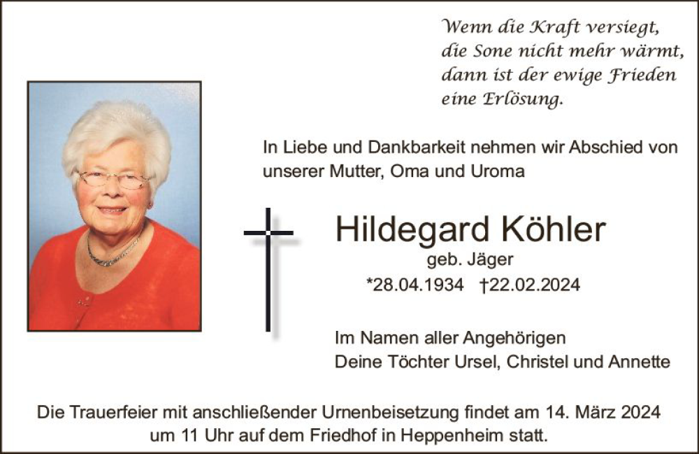  Traueranzeige für Hildegard Köhler vom 02.03.2024 aus Starkenburger Echo