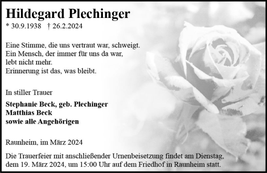 Traueranzeige von Hildegard Plechinger von Rüsselsheimer Echo