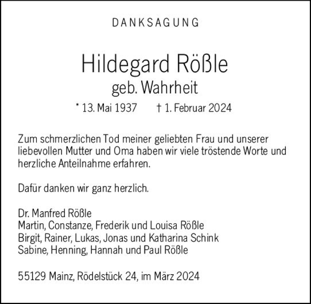  Traueranzeige für Hildegard Rößle vom 09.03.2024 aus Allgemeine Zeitung Mainz