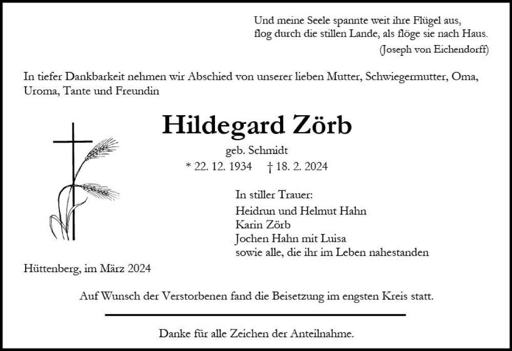  Traueranzeige für Hildegard Zörb vom 02.03.2024 aus Wetzlarer Neue Zeitung