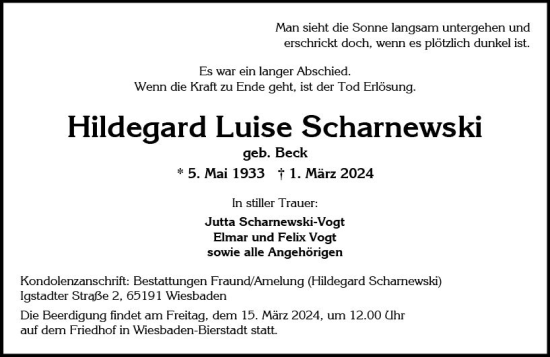 Traueranzeige von Hildegard Luise Scharnewski von Wiesbadener Kurier