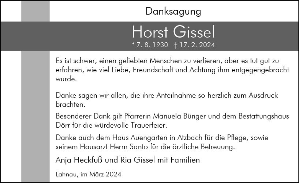  Traueranzeige für Horst Gissel vom 23.03.2024 aus Wetzlarer Neue Zeitung