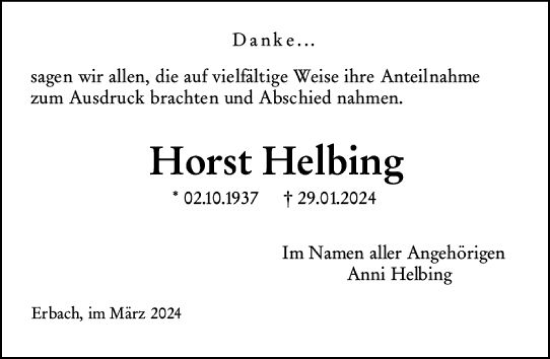 Traueranzeige von Horst Helbing von Odenwälder Echo