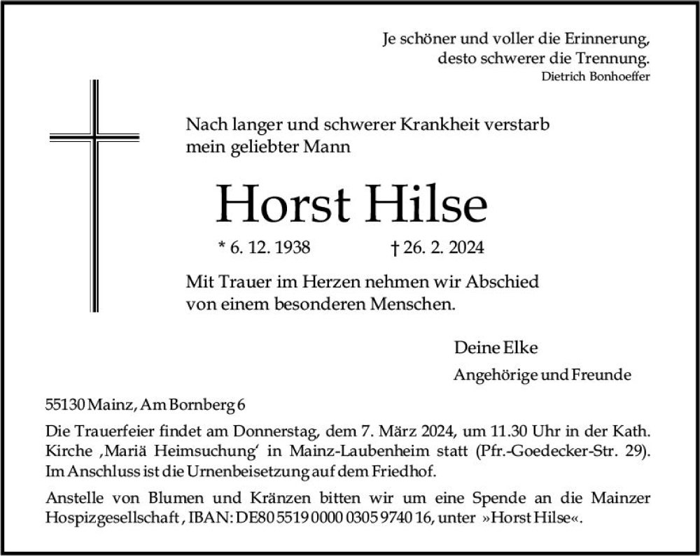  Traueranzeige für Horst Hilse vom 02.03.2024 aus Allgemeine Zeitung Mainz