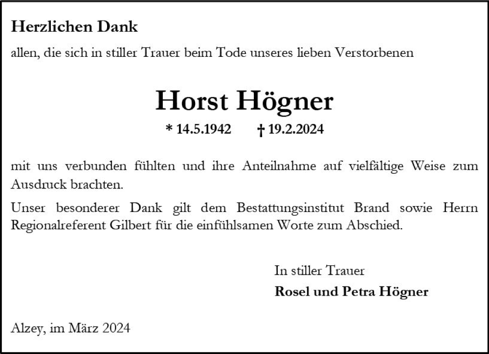  Traueranzeige für Horst Högner vom 16.03.2024 aus Allgemeine Zeitung Alzey