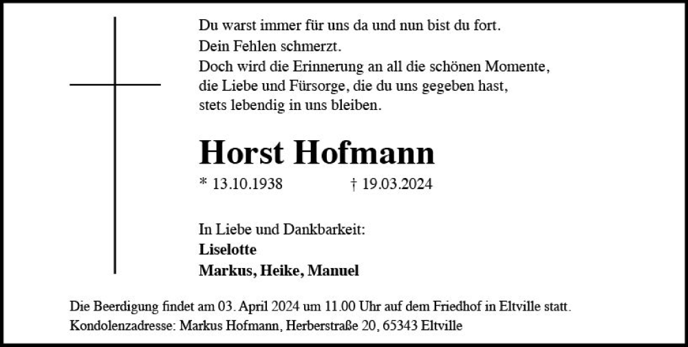  Traueranzeige für Horst Hofmann vom 30.03.2024 aus Wiesbadener Kurier