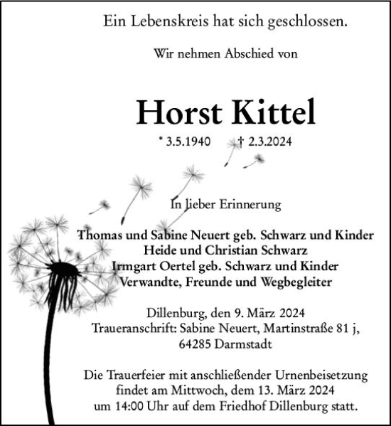 Traueranzeige von Horst Kittel von Dill Block