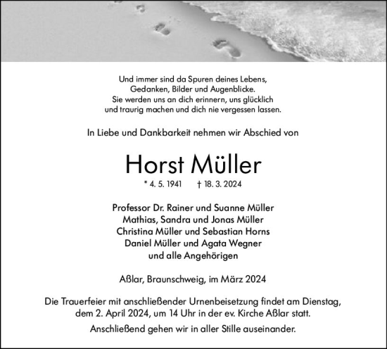 Traueranzeige von Horst Müller von Wetzlarer Neue Zeitung