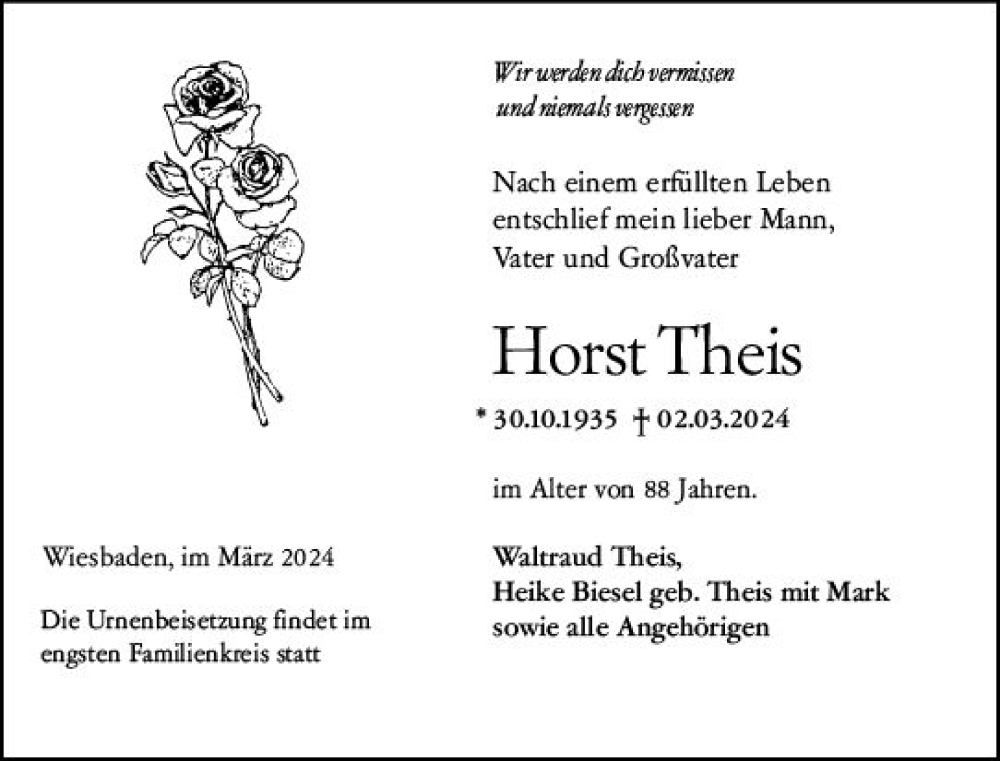  Traueranzeige für Horst Theis vom 09.03.2024 aus Wiesbadener Kurier