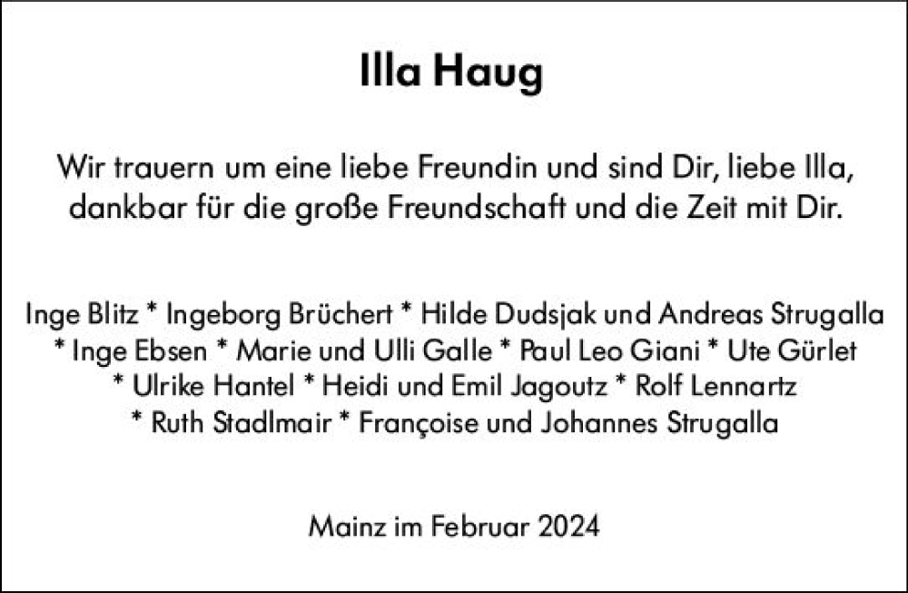  Traueranzeige für Illa Haug vom 02.03.2024 aus Allgemeine Zeitung Mainz