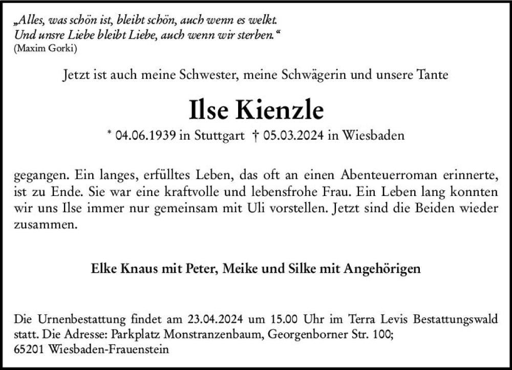  Traueranzeige für Ilse Kienzle vom 23.03.2024 aus Wiesbadener Kurier