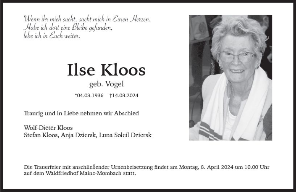  Traueranzeige für Ilse Kloos vom 30.03.2024 aus Allgemeine Zeitung Mainz